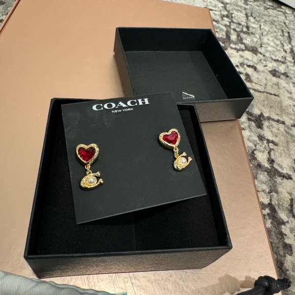 Coach Heart-Shaped Gold and Red Earrings - Picture 12 of 13